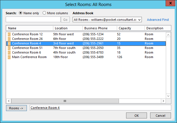 A screen shot of the Select Rooms dialog box, showing available rooms to reserve for the meeting.