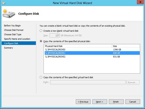 Configuring a new virtual disk to copy its data from a physical disk on the host.