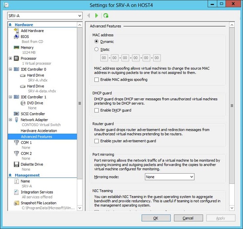 Additional configuration settings available for virtual network adapters.