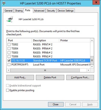 Configuring a Standard TCP/IP port for a network printer installed on a print server.