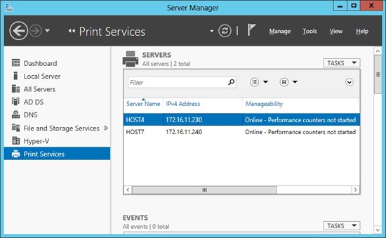 The Print Services page in Server Manager.