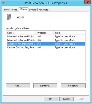 Viewing the installed drivers on a print server.