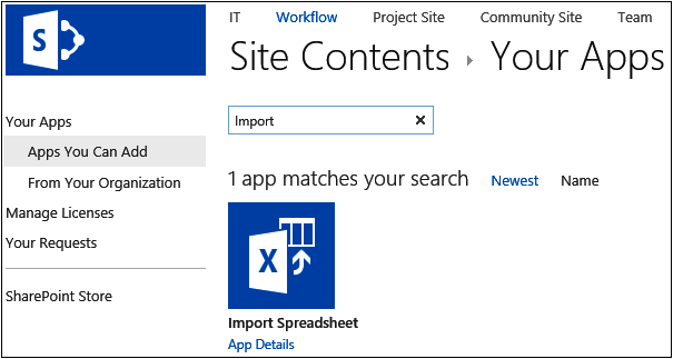 A screenshot of the Your Apps page, with Import in the input box, with one app that matches the search: Import Spreadsheet