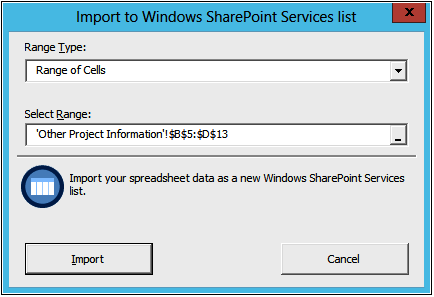 A screenshot of the Import To Windows SharePoint Service List dialog box.