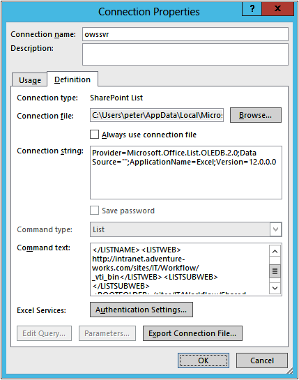 A screenshot of the Connection Properties dialog box, with the Definition tab selected.