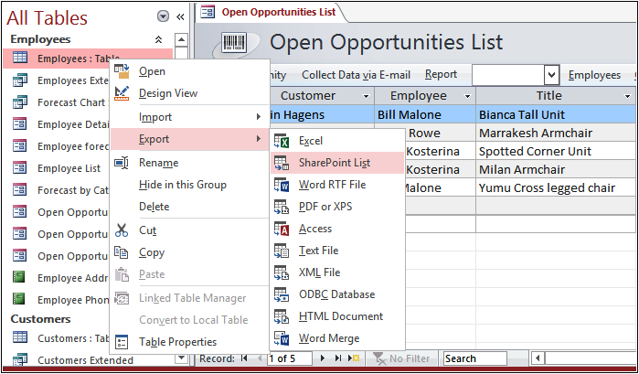 A screenshot of the All Table navigation pane and the Export and SharePoint List options selected.