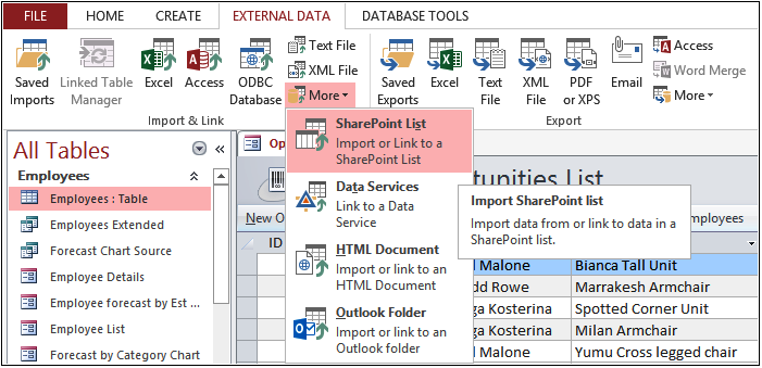 A screenshot of the External Data tab, displaying the More menu, with SharePoint List selected.
