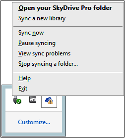 A partial screenshot showing the SkyDrive Pro icon in the system tray. The icon has been clicked. Above the icon, the SkyDrive Pro menu is displayed.