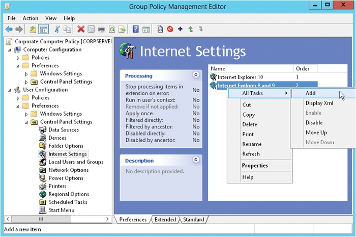 Manage preference items using the Group Policy Management Editor and the shortcut menu.