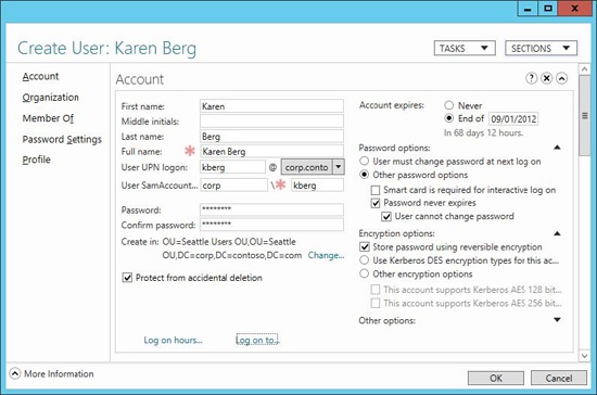 Creating a new user account using ADAC.