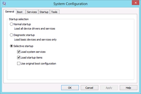The system configuration options of the MSConfig utility