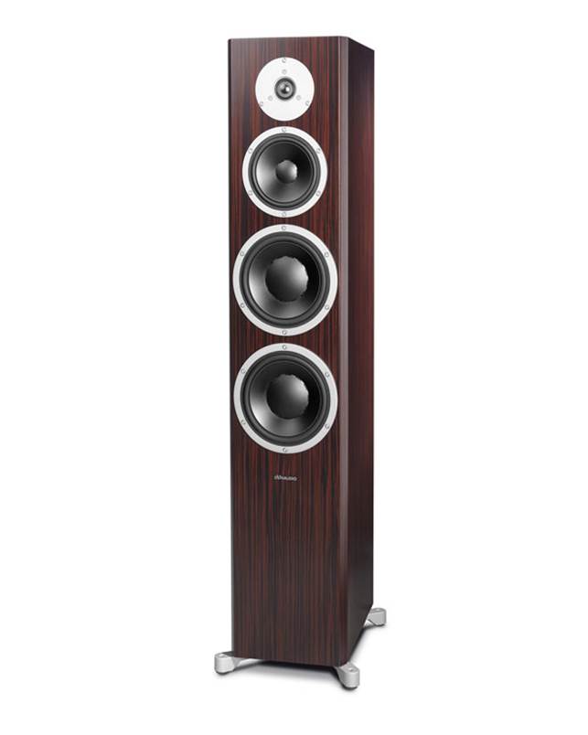 A pair of 180mm woofers is married with a 110mm midrange driver and 27mm fabric dome tweeter in this purposeful-looking three-way reflex floorstander