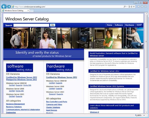 The Windows Server Catalog website.