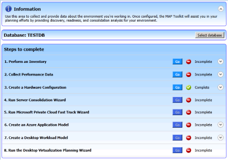 MAP Toolkit console options for launching wizards and performing other configuration tasks.