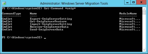 Displaying the list of available Windows Server Migration Tool cmdlets.