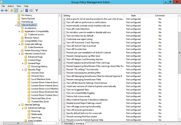 Windows Server 2012 showing hundreds of Group Policy settings for Internet Explorer