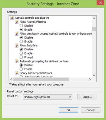 A list of ActiveX settings for the Internet zone