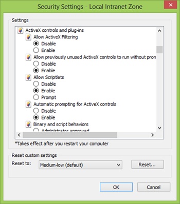 A list of ActiveX settings for the Local Intranet zone