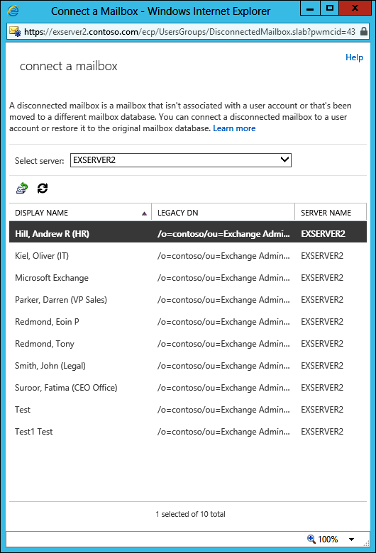 A screen shot showing a list of disconnected mailboxes as detected by EAC. These mailboxes can be reconnected to an Active Directory account.
