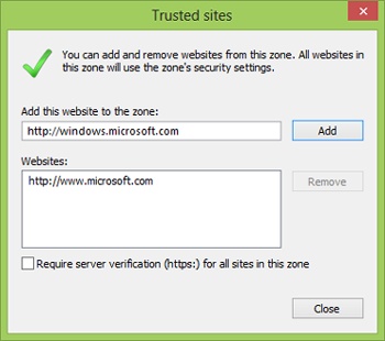 Adding a specified site to the list of trusted sites