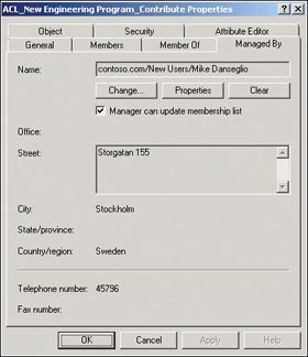 The Managed By tab of a group’s Properties dialog box