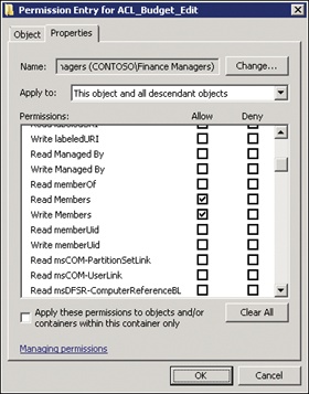 The Permission Entry dialog box showing the delegation of group membership management for a group