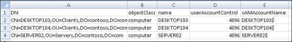 A .csv file, opened in Excel, that creates three computer accounts