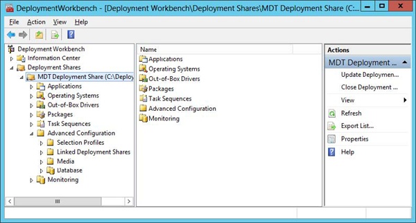 The Deployment Workbench with a new deployment share selected to show its structure.