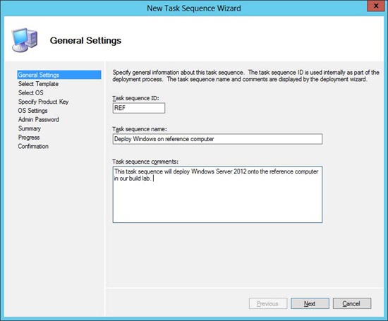 Creating a new task sequence for deploying Windows to the reference computer.