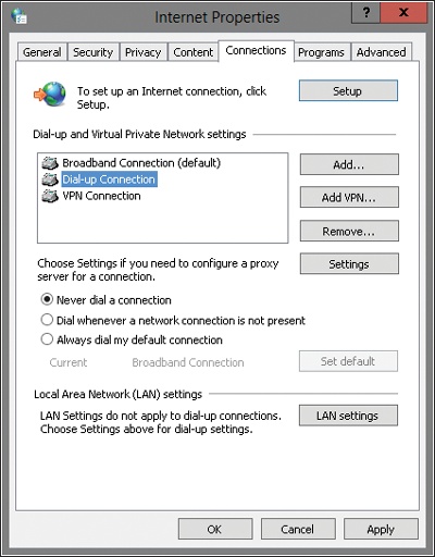 Configure manual or automatic connections by using the Connections tab.