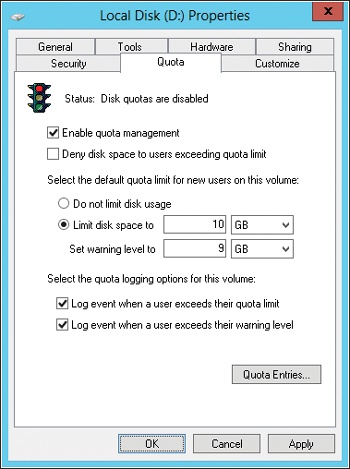 Once you enable quota management, you can configure a quota limit and quota warning for all users on this computer.