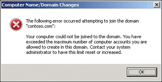 The message that appears when a user exceeds the default computer account quota specified by the ms-DS-MachineAccountQuota attribute