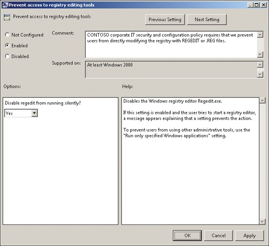 The Properties dialog box of a policy setting