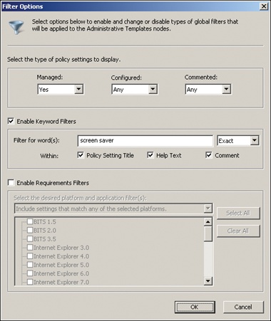 Filtering the Administrative Templates policy settings