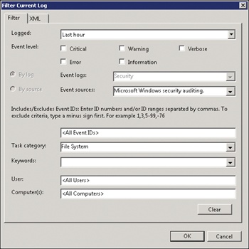 Filtering the Security Log for recent File System events