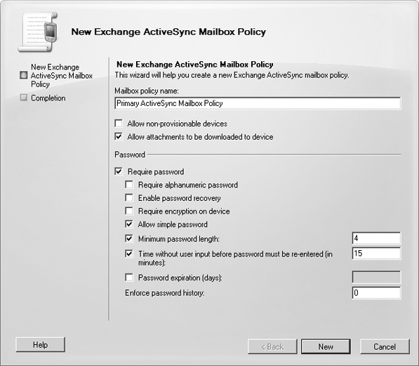 Create the Exchange ActiveSync Mailbox policy.