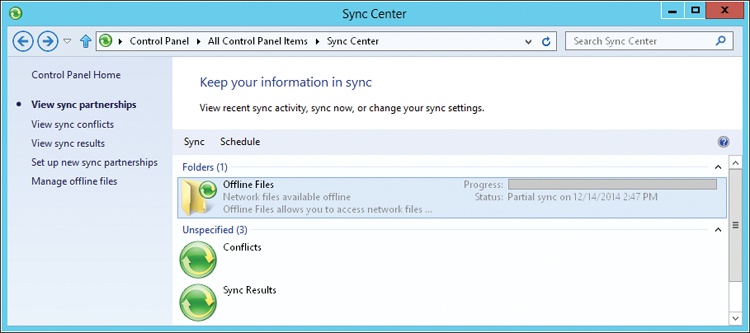 Use Sync Center to view and manage synchronization.