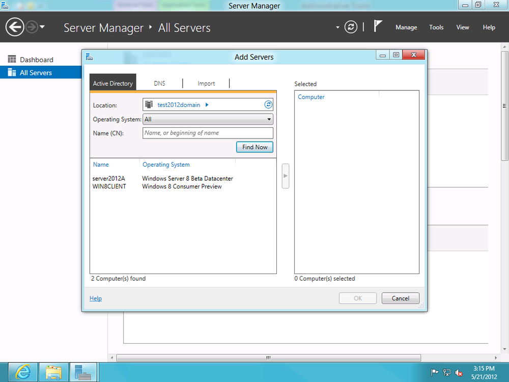 Server Manager running on a Windows 8 client