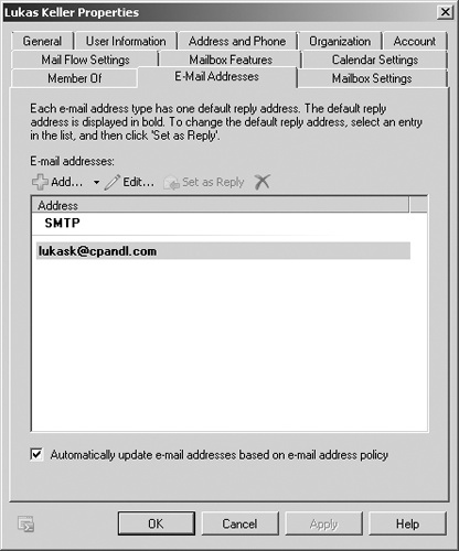 Configure the e-mail addresses for the user account.