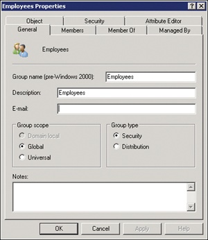 The General tab of a group’s Properties dialog box