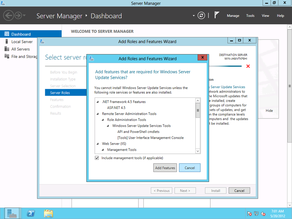 Required features for installing the WSUS role