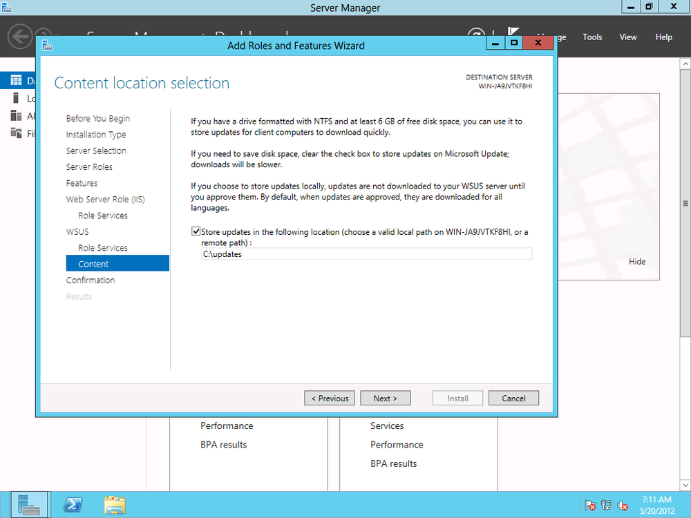 Final step of WSUS role installation