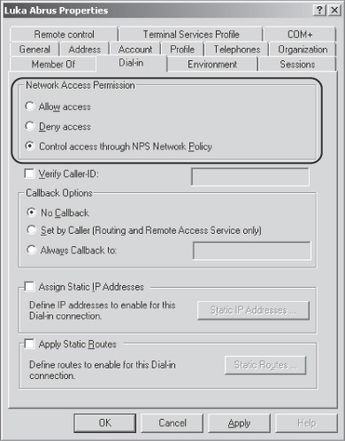 The Network Access Permission setting of a user account