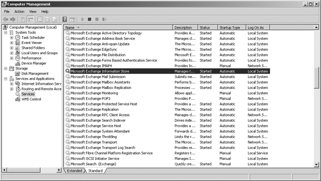 Use the Services node of the Computer Management console to manage Exchange Server services.