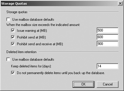 Using the Storage Quotas dialog box, you can specify storage limits and deleted item retention on a per-user basis when necessary.