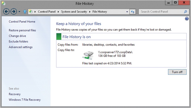 File History shows a summary of the current configuration, as well as the available space in the selected save location.