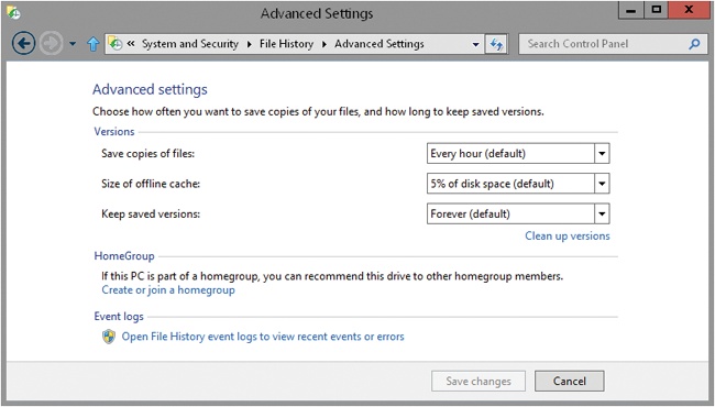 View and manage default settings for File History.