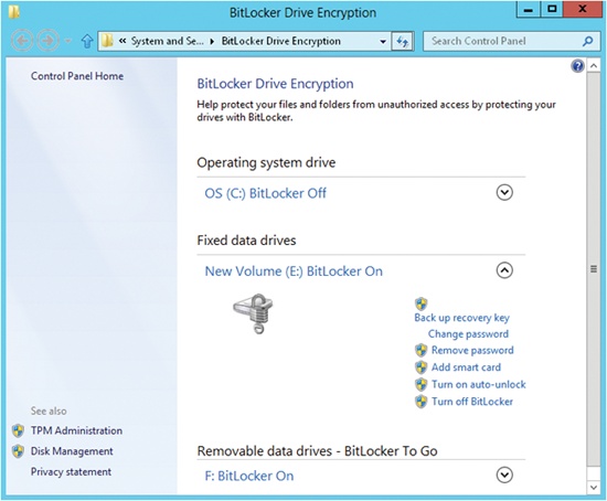 Review the current status of BitLocker for each volume.