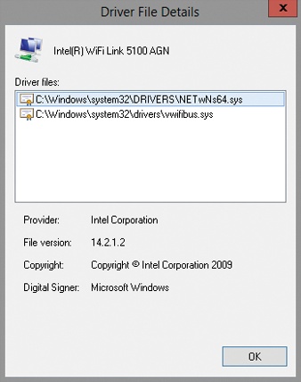 The Driver File Details dialog box displays information on the driver file paths, the provider, and the file versions.