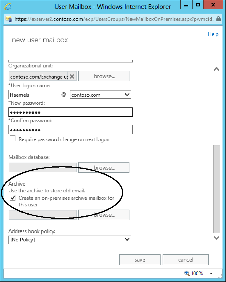 A screen shot of the New User Mailbox creation screen. In this case, the important check box that is selected is the one to direct Exchange to create a new on-premises archive mailbox for the user.